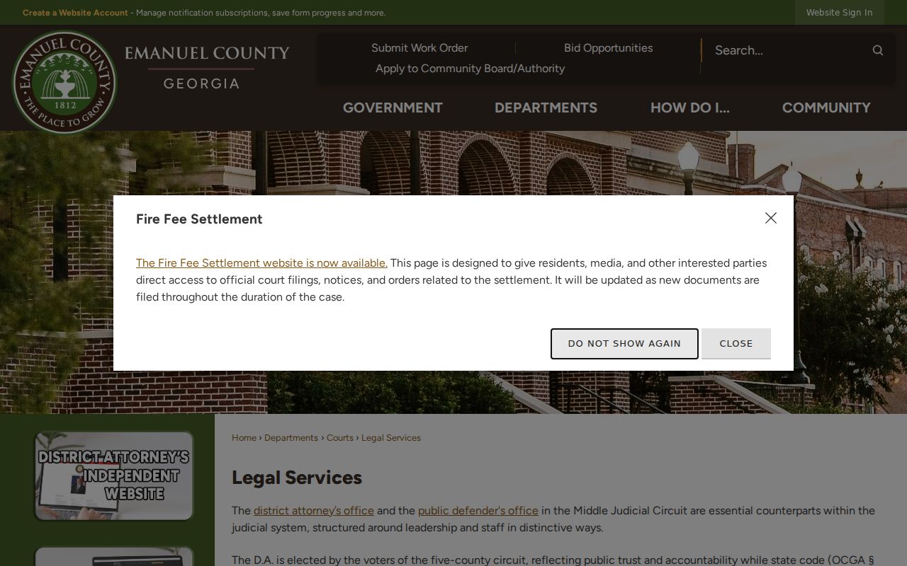 Emanuel County Legal Services page with prosecutor and public defender offices