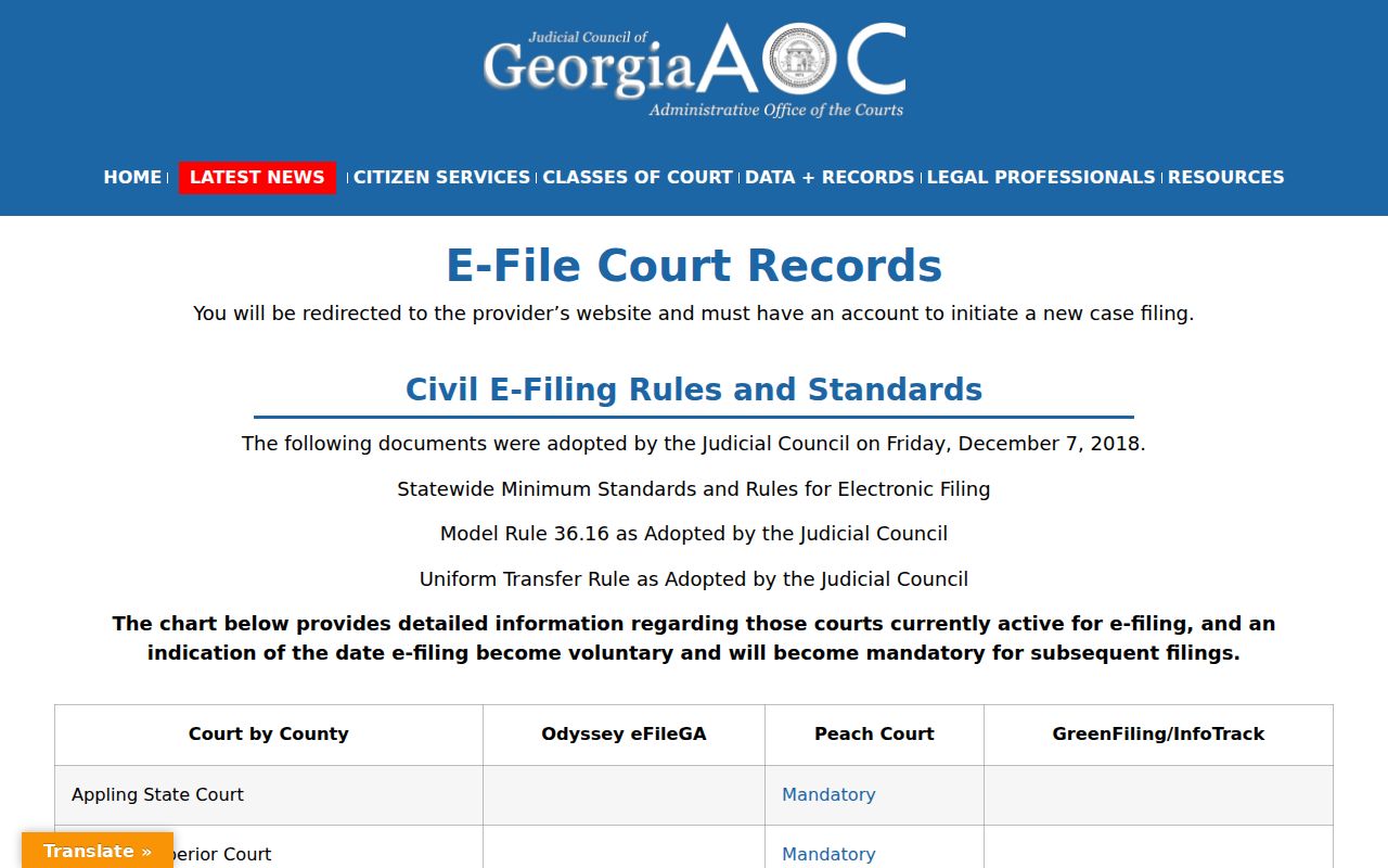 Georgia Courts e-filing chart showing Emanuel County participation